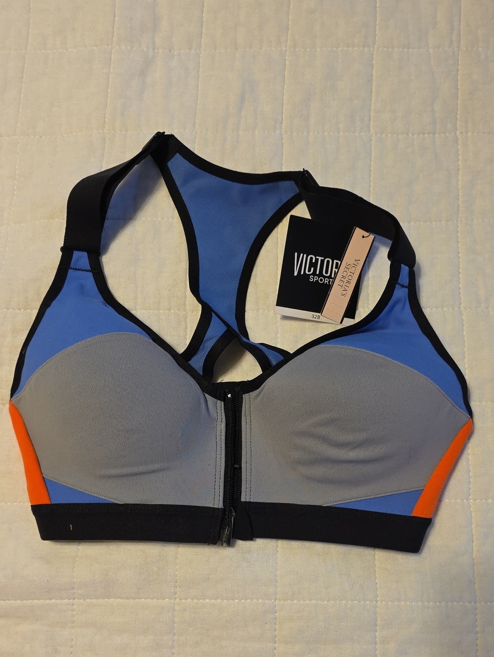 Victoria Sport Front-Zip High-Impact Sports Bra in Blue/Gray/Orange